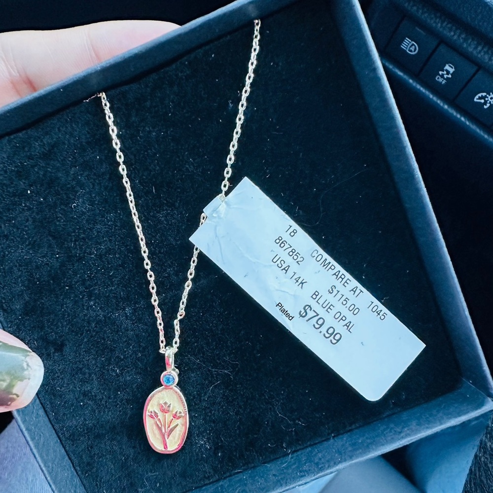 14K Gold-Plated Blue Opal Pendant Necklace - Floral Oval Charm